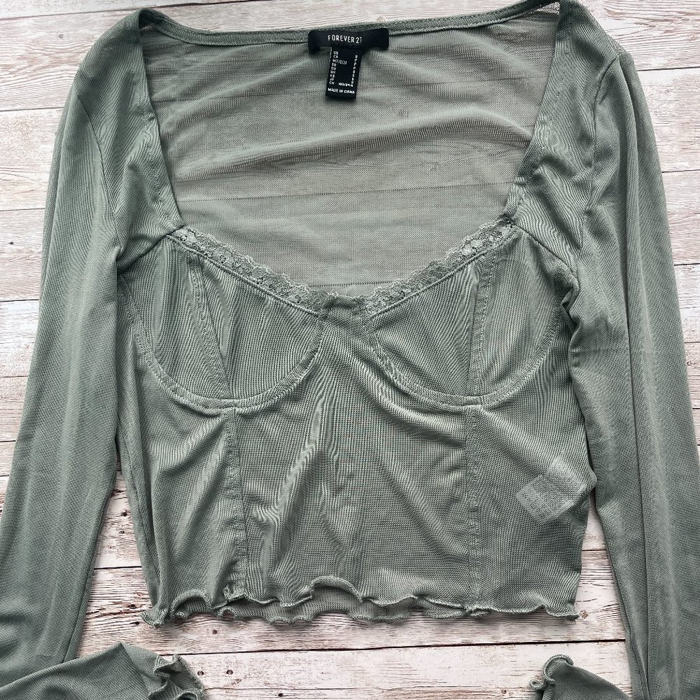 Forever 21 Olive Sheer Long Sleeve Top